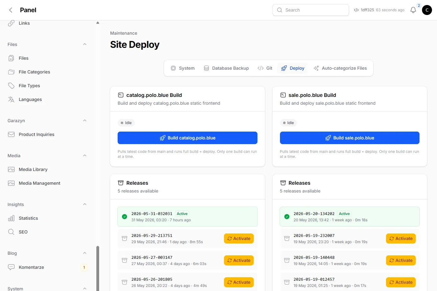 Site Deploy page with build buttons for catalog.polo.blue and sale.polo.blue plus releases list with Activate (rollback) buttons