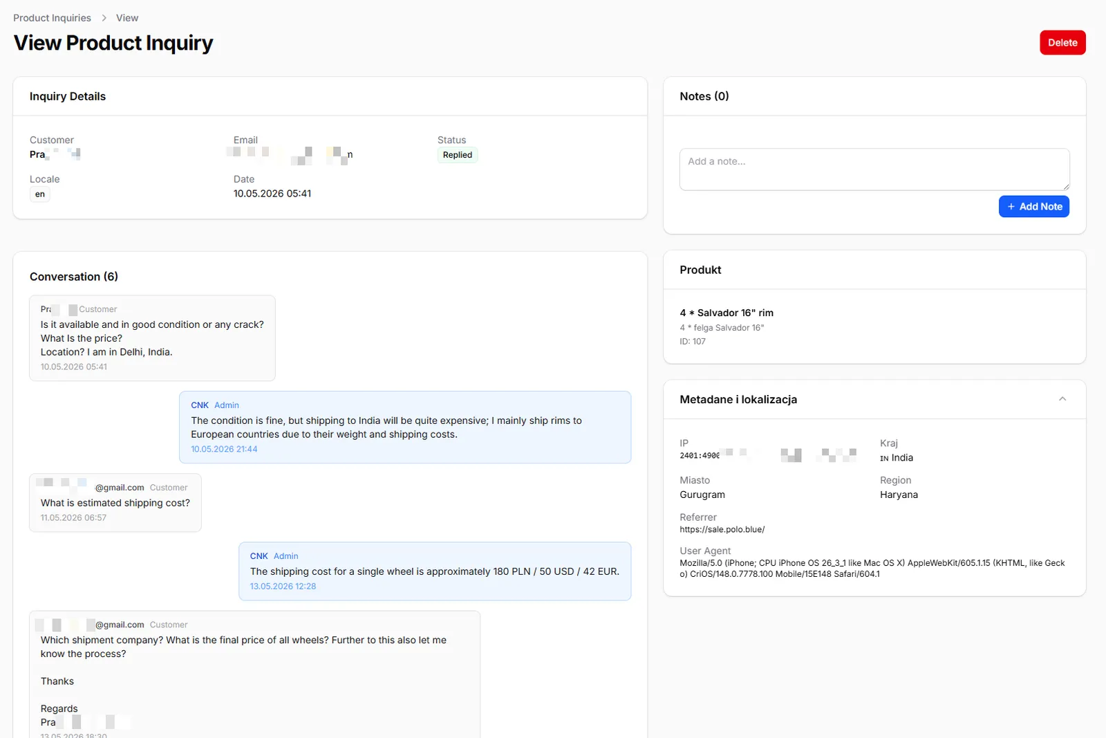 Product Inquiry view with conversation thread, customer details, linked product and geo metadata (IP, country, city)