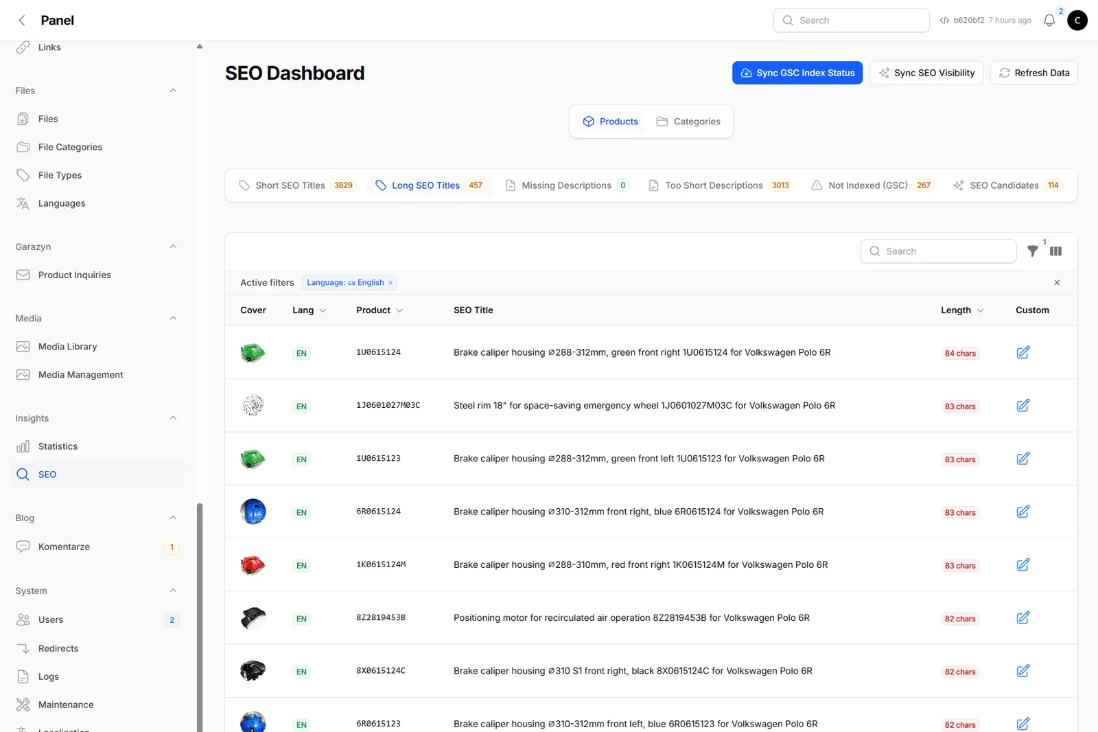 SEO Dashboard with filters for short and long titles, missing descriptions and SEO candidates