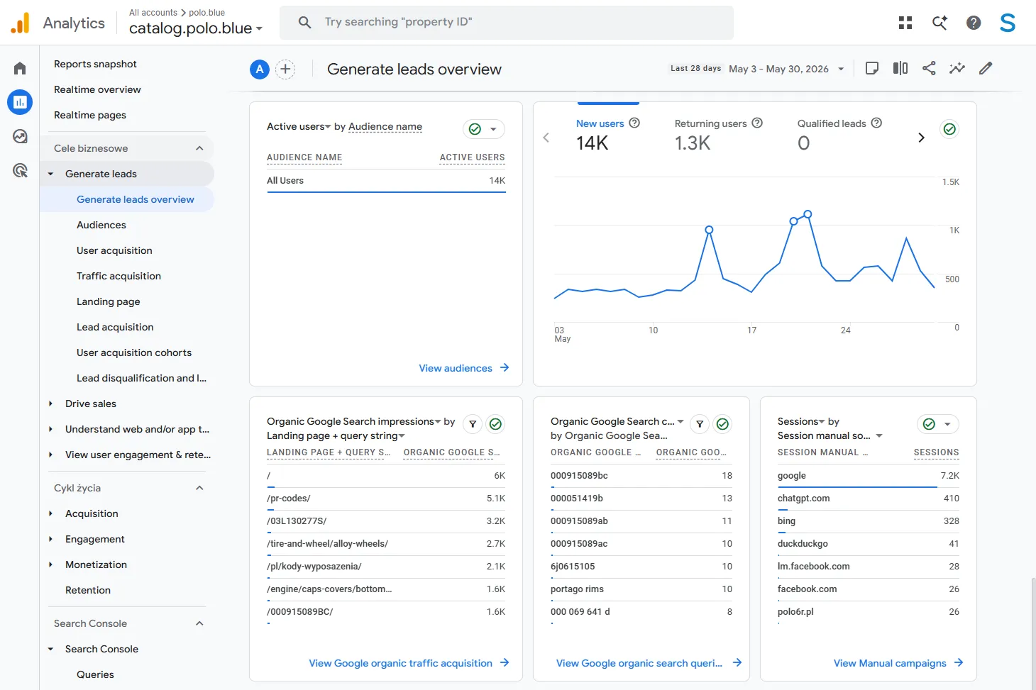 GA4 Generate leads overview with 14K new users, 1.3K returning users, session sources and Organic Google Search queries
