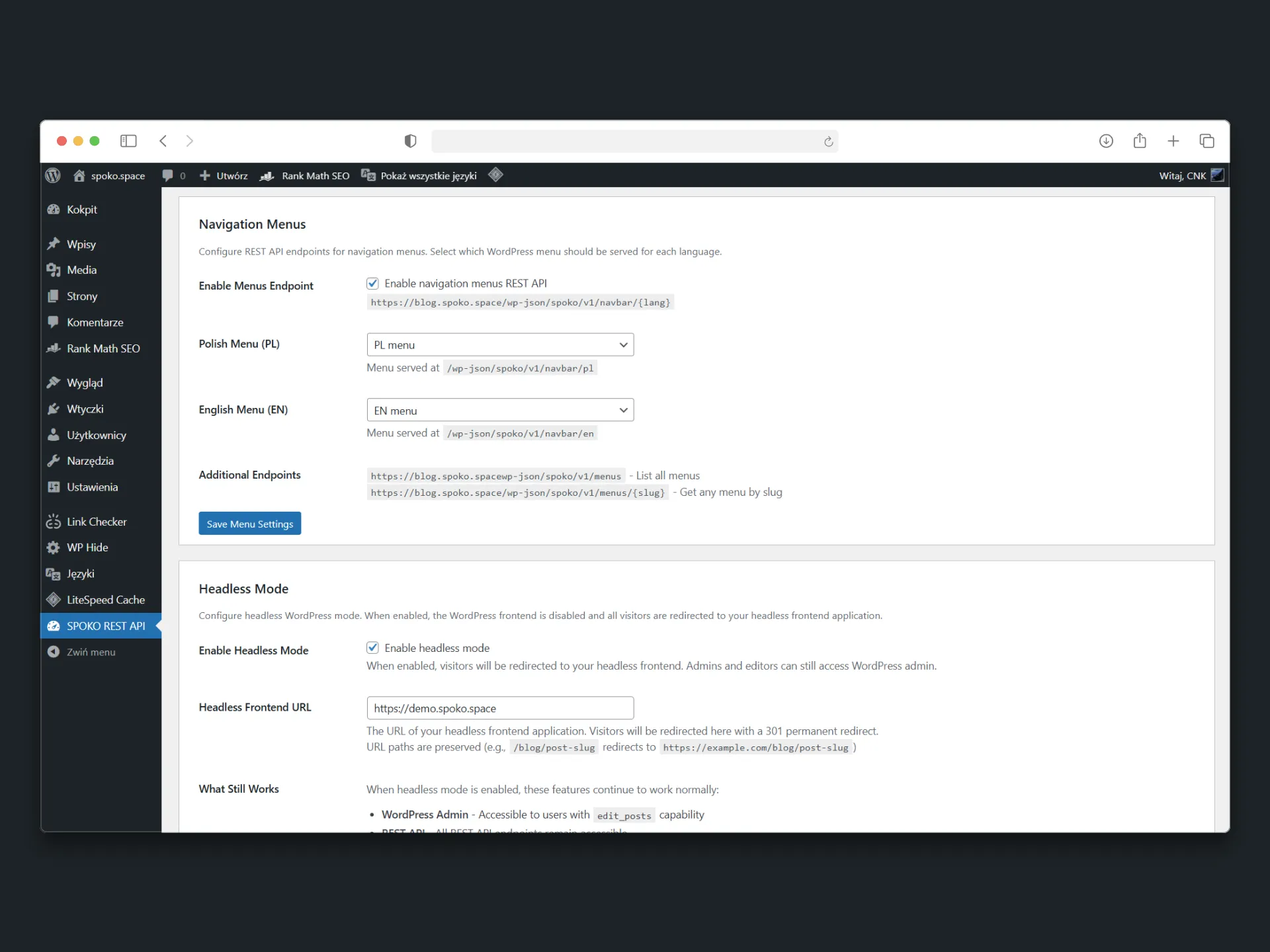 Open-source WordPress plugin extending REST API for headless CMS. Adds GA4, Polylang hreflang data, relative URLs and headless mode with 301 redirects.
