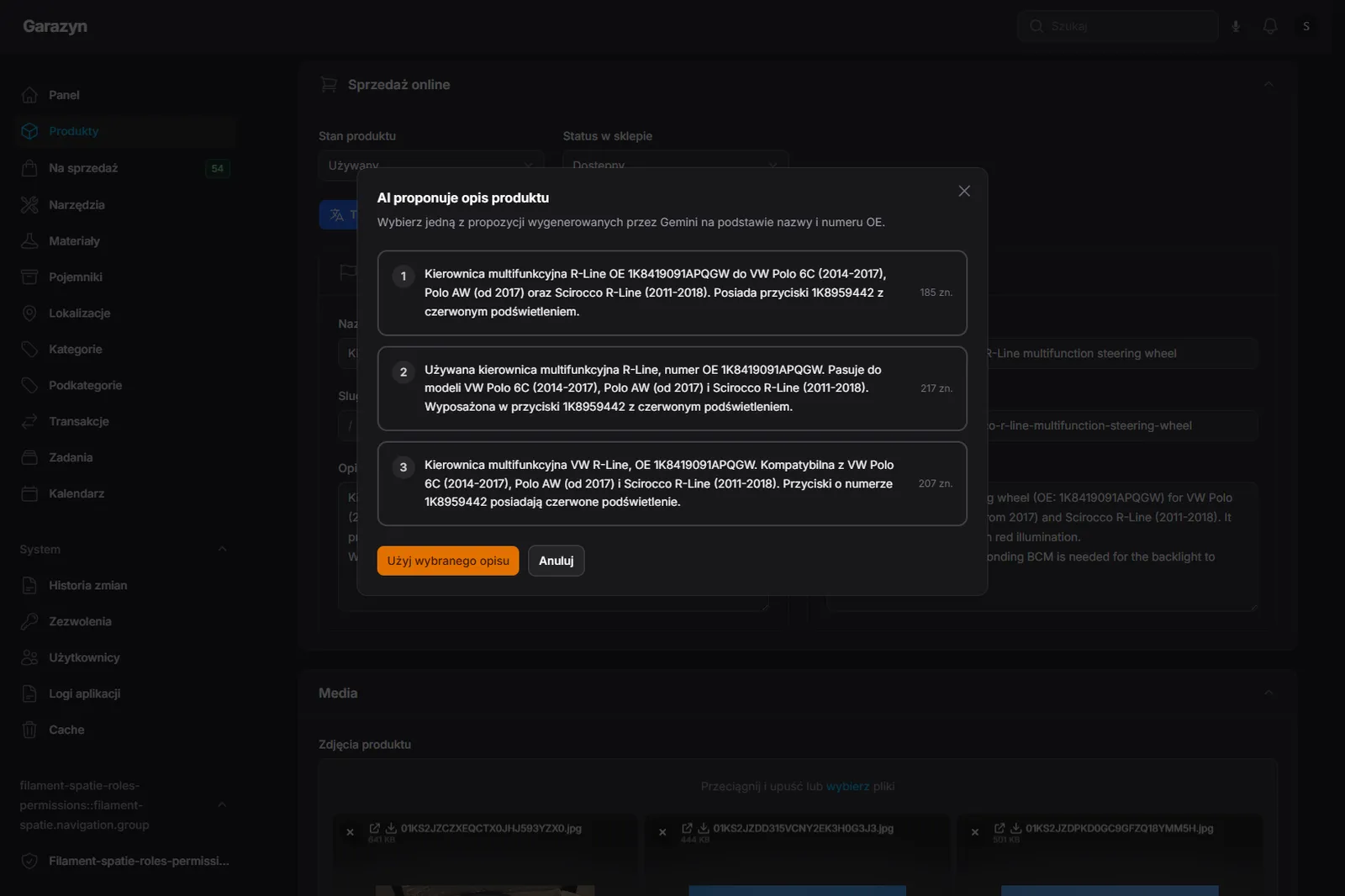 AI suggests product description modal — three description variants to choose from, with Use selected description and Cancel actions