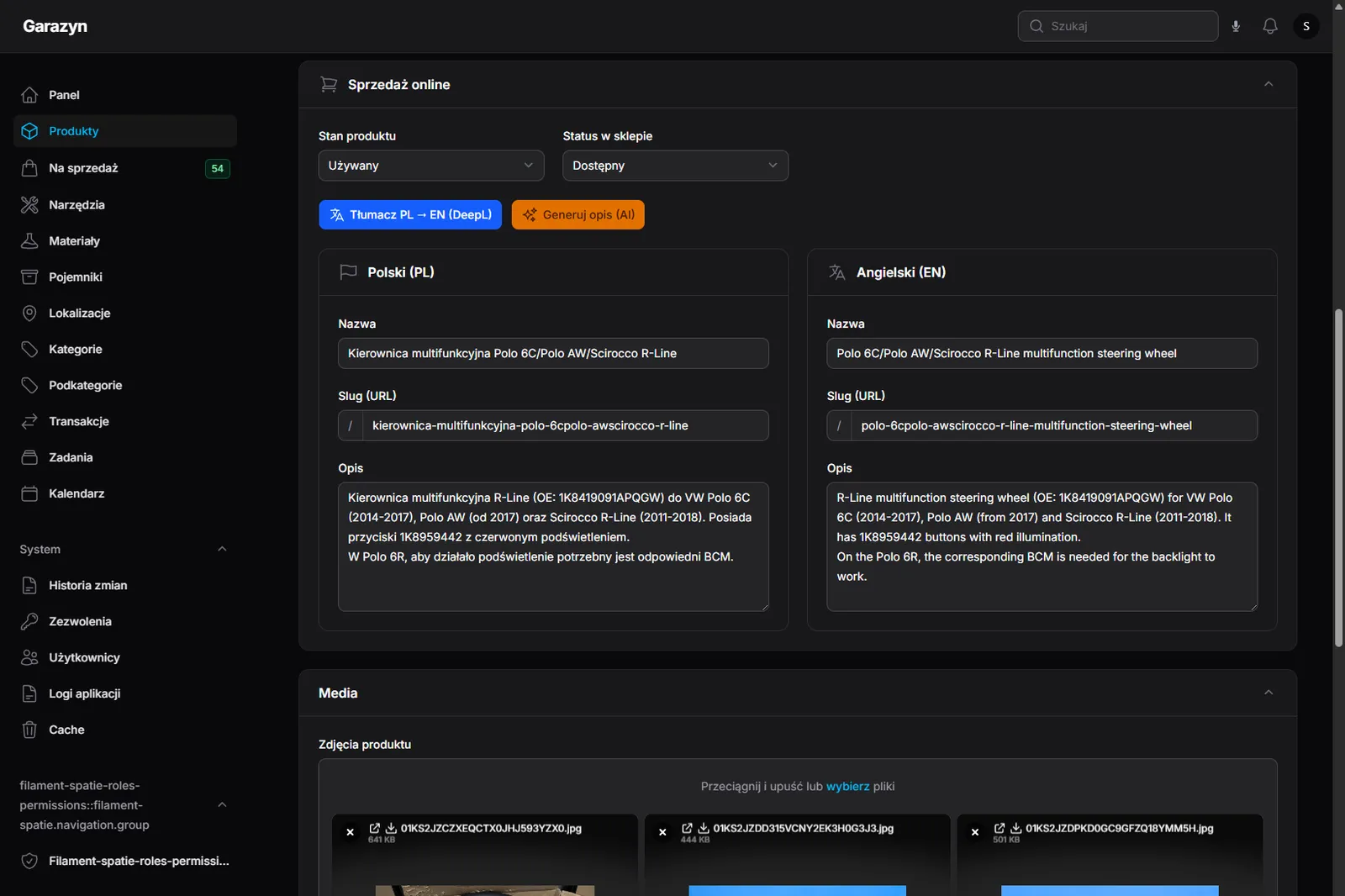 Product edit form with side-by-side PL/EN tabs, per-locale SEO slugs and a Translate PL → EN DeepL button