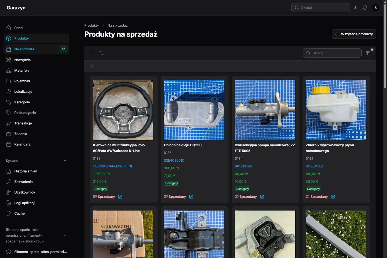 Filament admin — products marked for sale with thumbnails, PLN/EUR prices and Available/Sold status