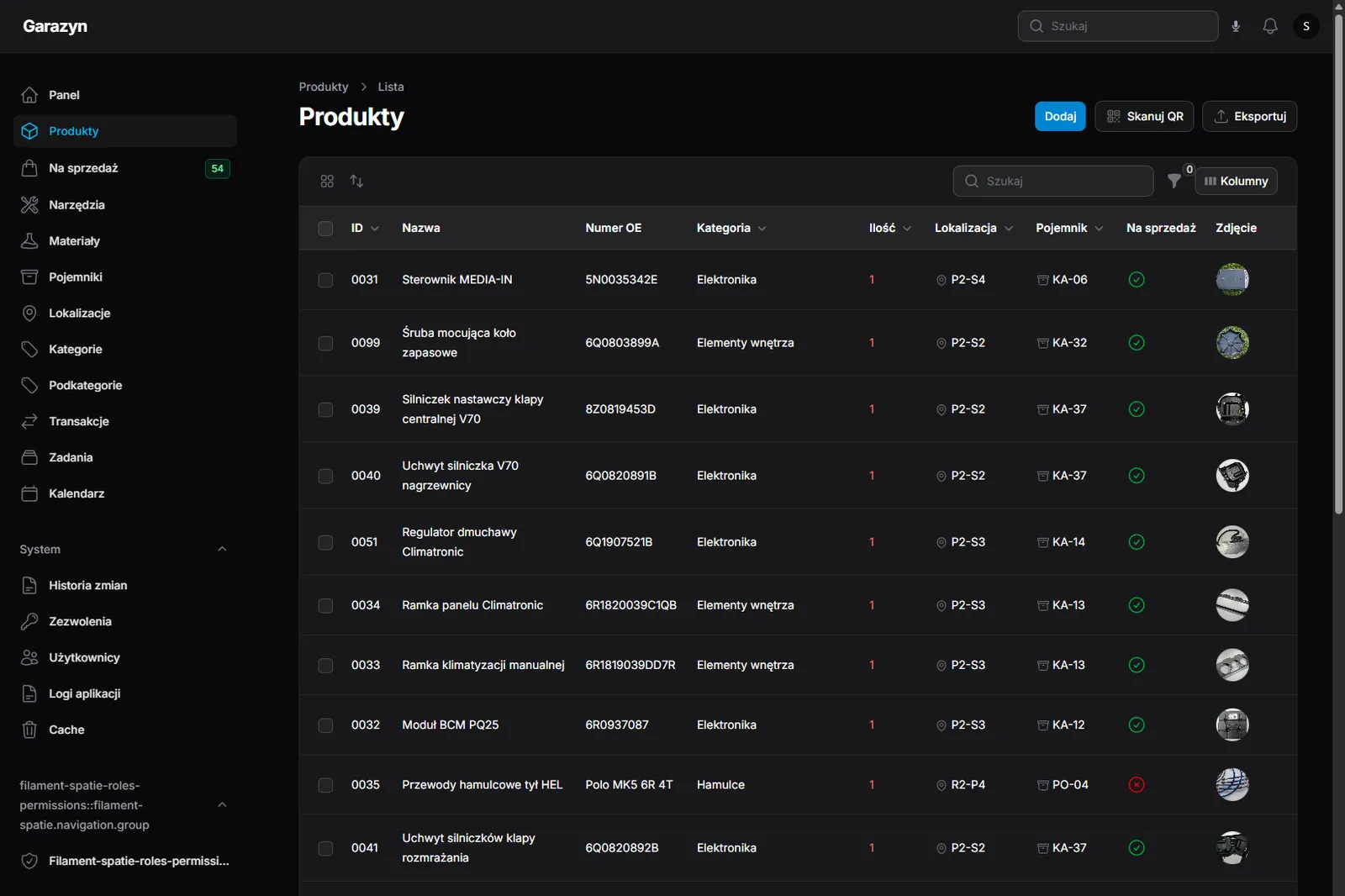 Filament admin — products list with QR Number, Category, Location (codes like P3-S2, P0-K2-S2) and Container columns plus a Scan QR button