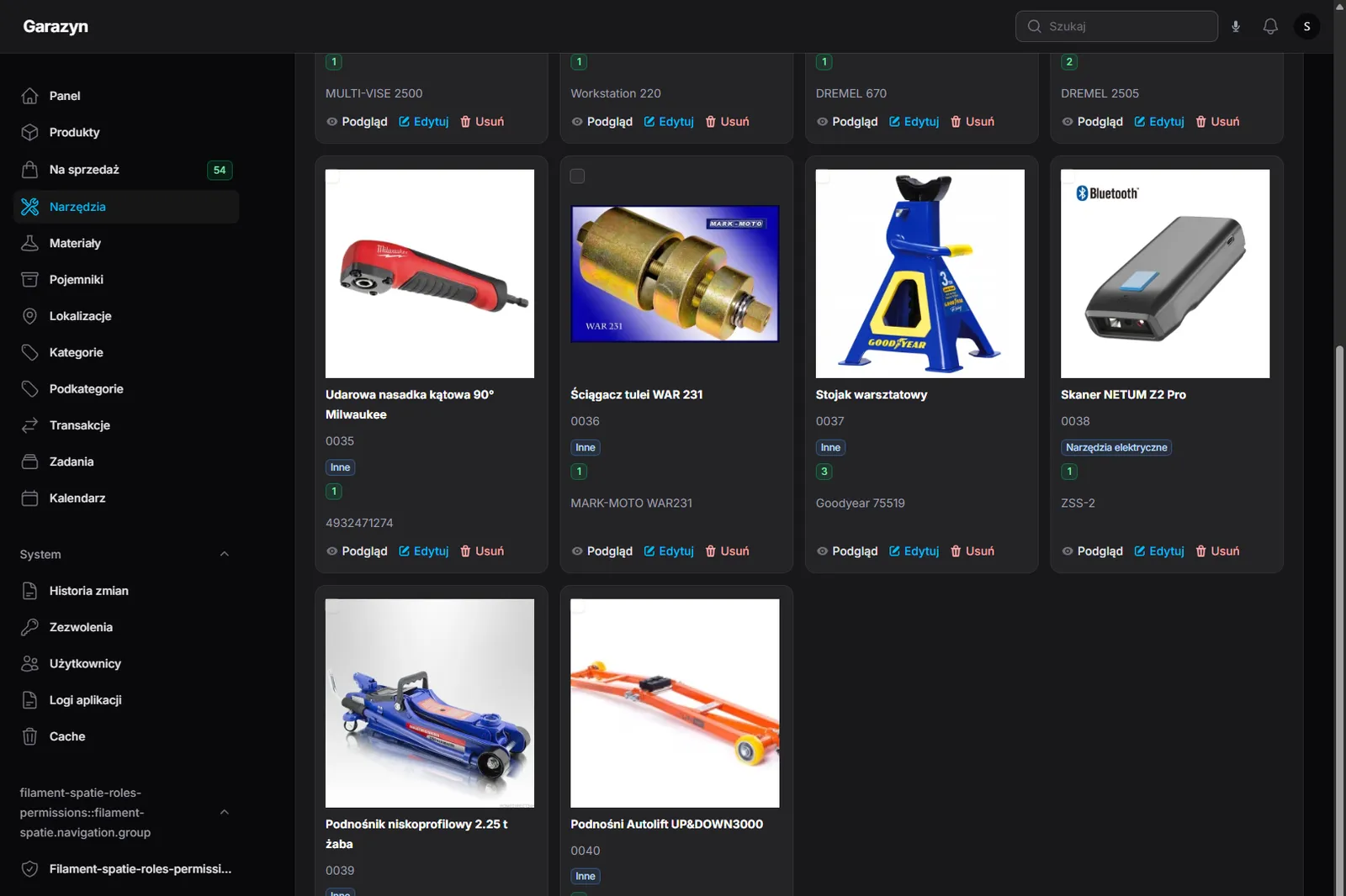 Filament admin — workshop tools grid with thumbnails, codes and categories (multitools, hydraulic jacks, Bluetooth scanner, power tools)
