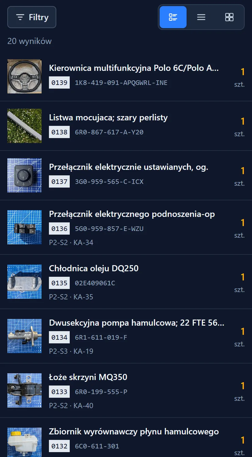PWA mobile — product list with thumbnails, OE numbers, location codes (P2-S2·KA-XX) and quantity badges