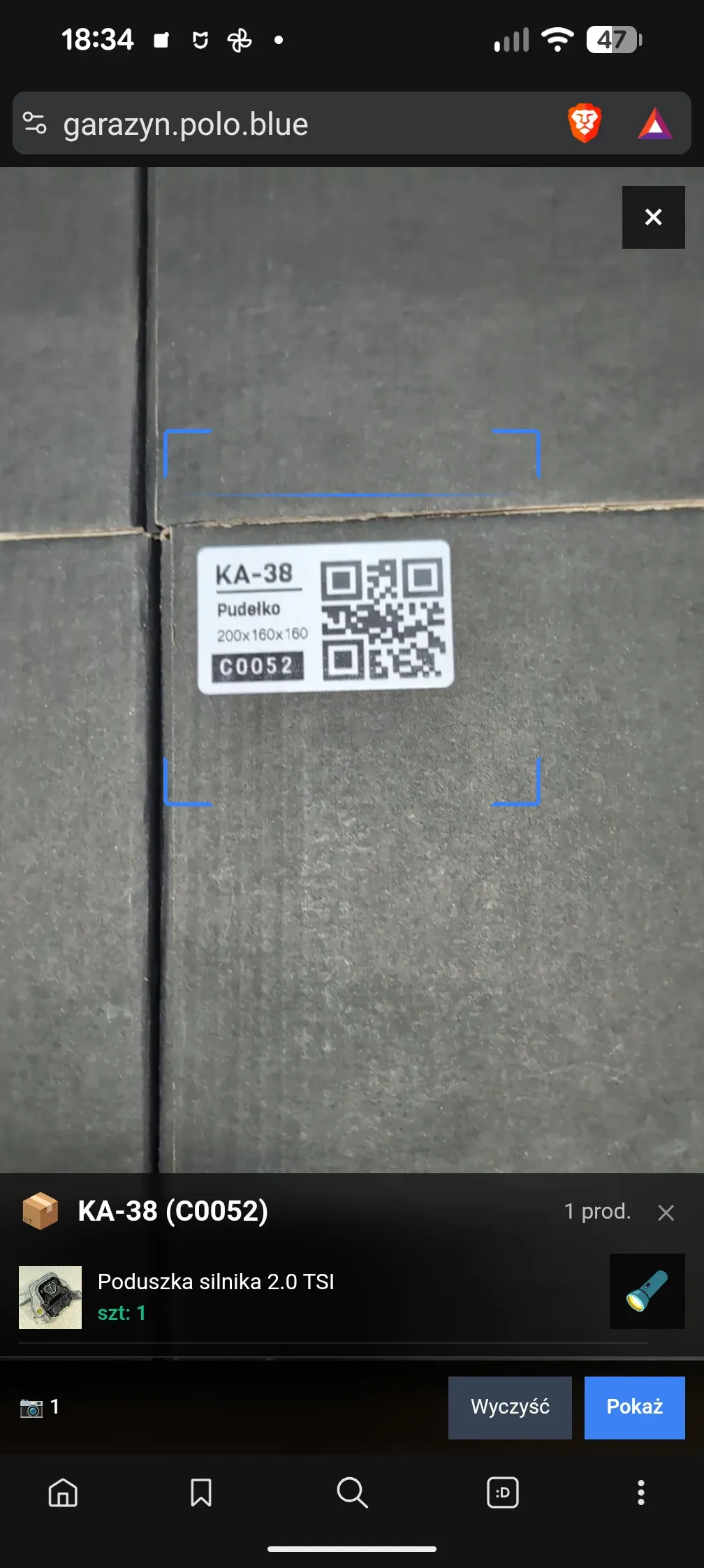 PWA scanner — container KA-36 (C0050) scanned from the cardboard box, panel showing 2 tailgate handles