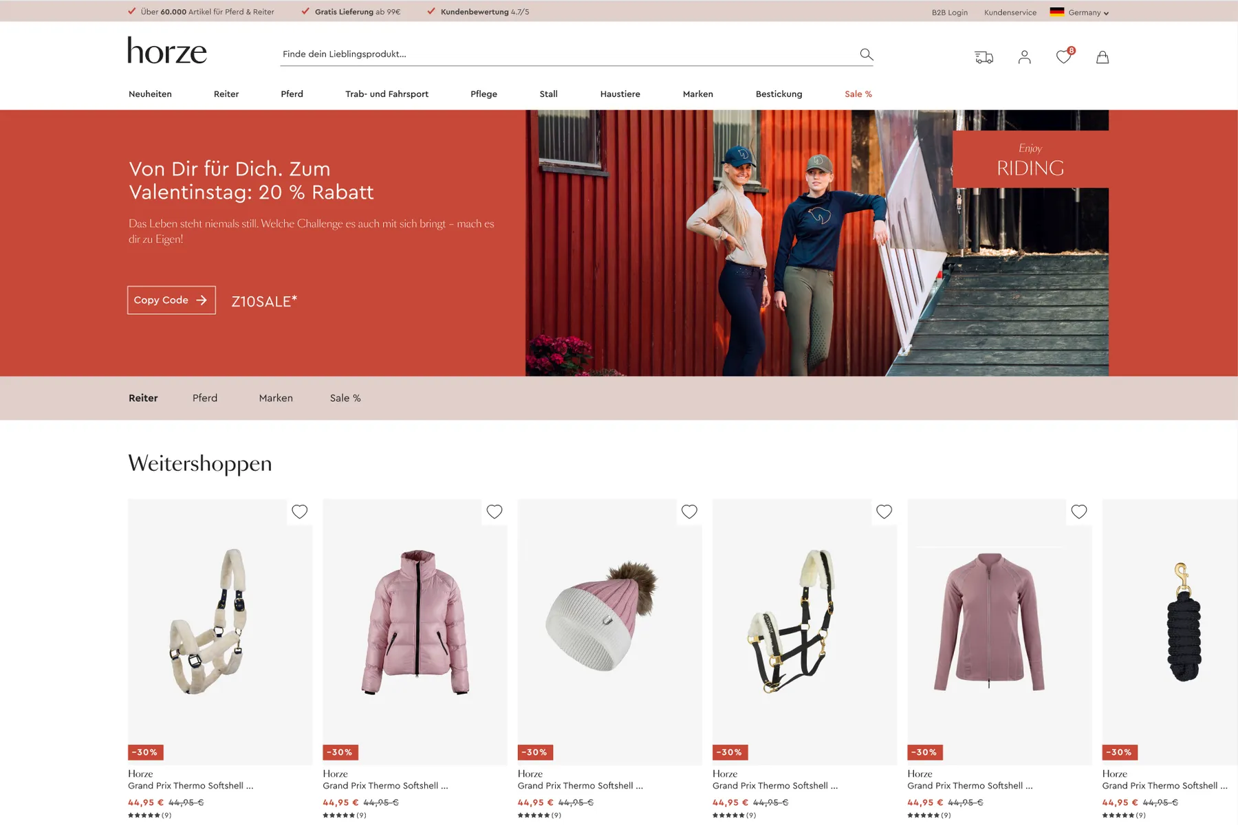 Frontend development for Horze.de powered by Salesforce Commerce Cloud — custom UI components, responsive layouts, and performance optimizations for a large EU equestrian retailer.