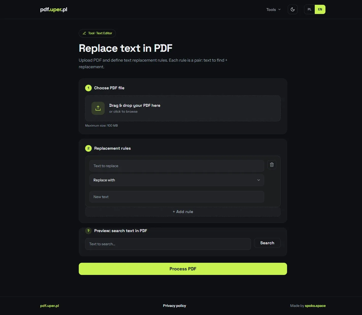Replace text in PDF tool — a step-by-step flow: choose a PDF file, define replacement rules with text-to-replace and new-text fields, preview search and a Process PDF button