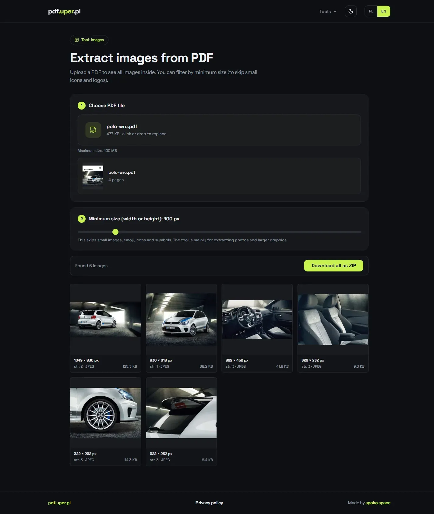 Extract images tool — a grid of photos pulled from a PDF, each labelled with its pixel dimensions and file size, plus a Download all as ZIP button