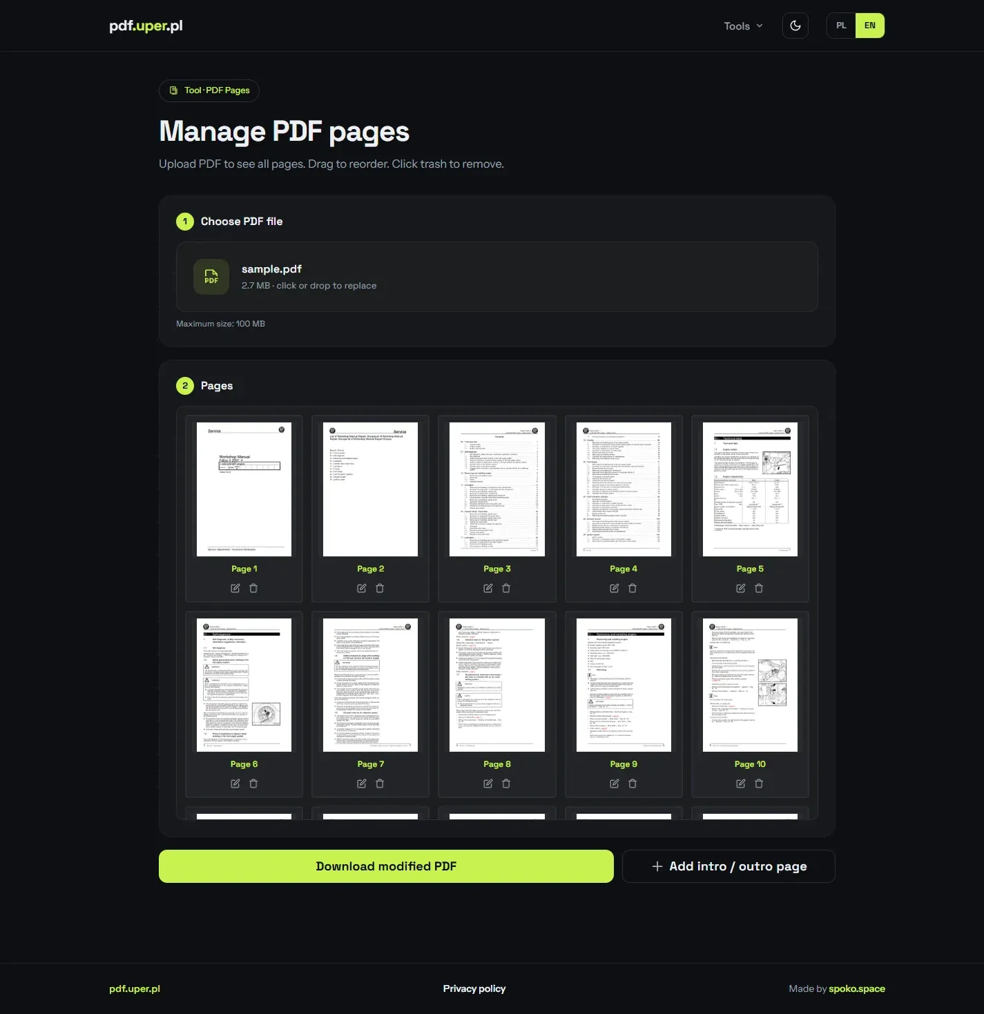 PDF Pages tool — uploaded document shown as a grid of page thumbnails with drag-to-reorder, per-page delete and a Download modified PDF button
